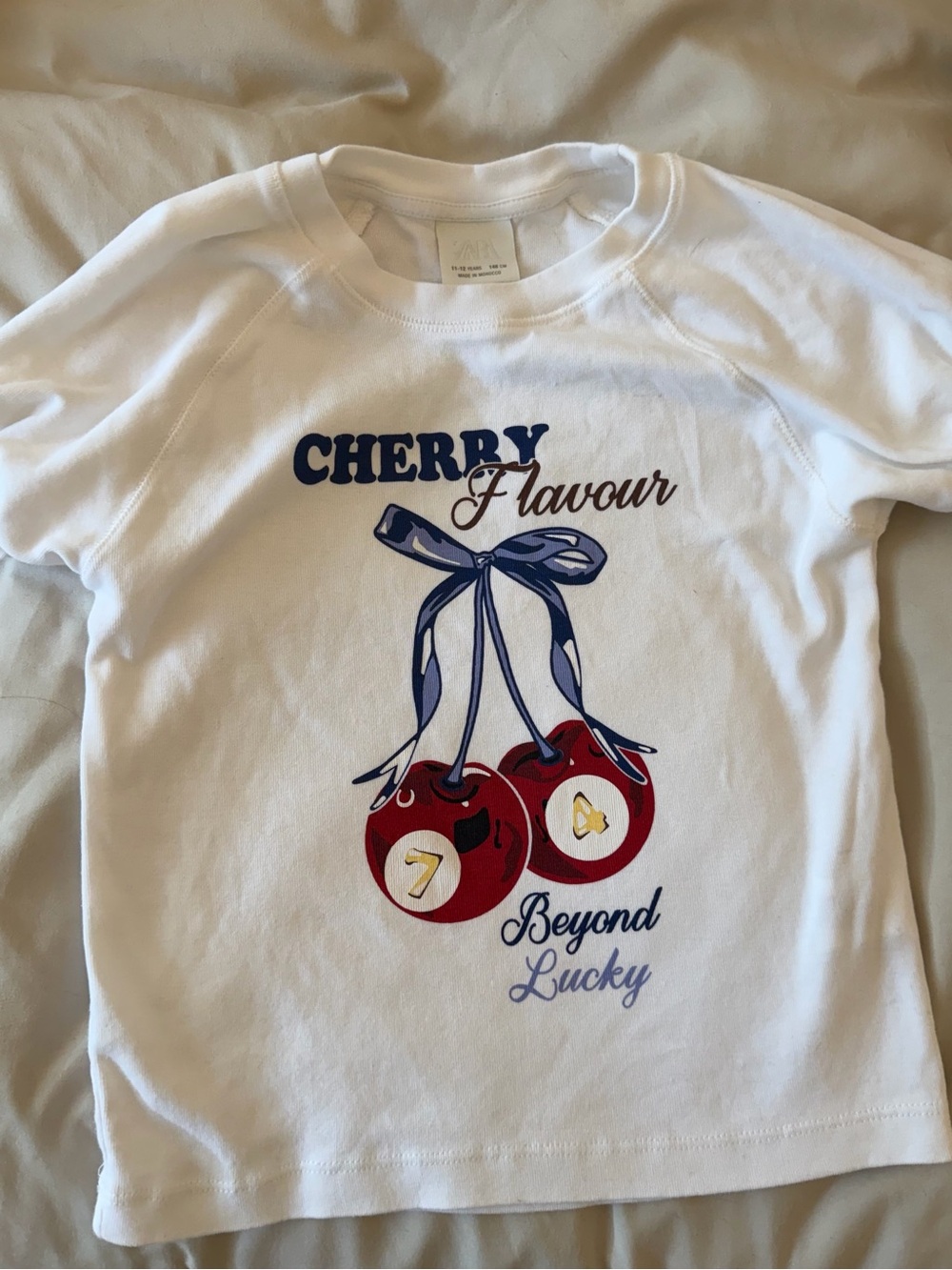 Zara White Long-Sleeve Top with Red Cherry Graphic and Navy Accents